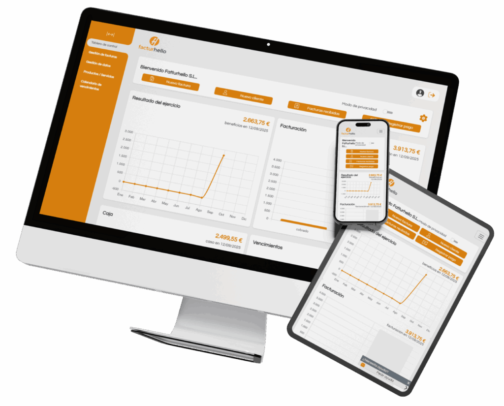 Software Facturación Electrónica Facturhello en ordenador, tablet y móvil para empresas